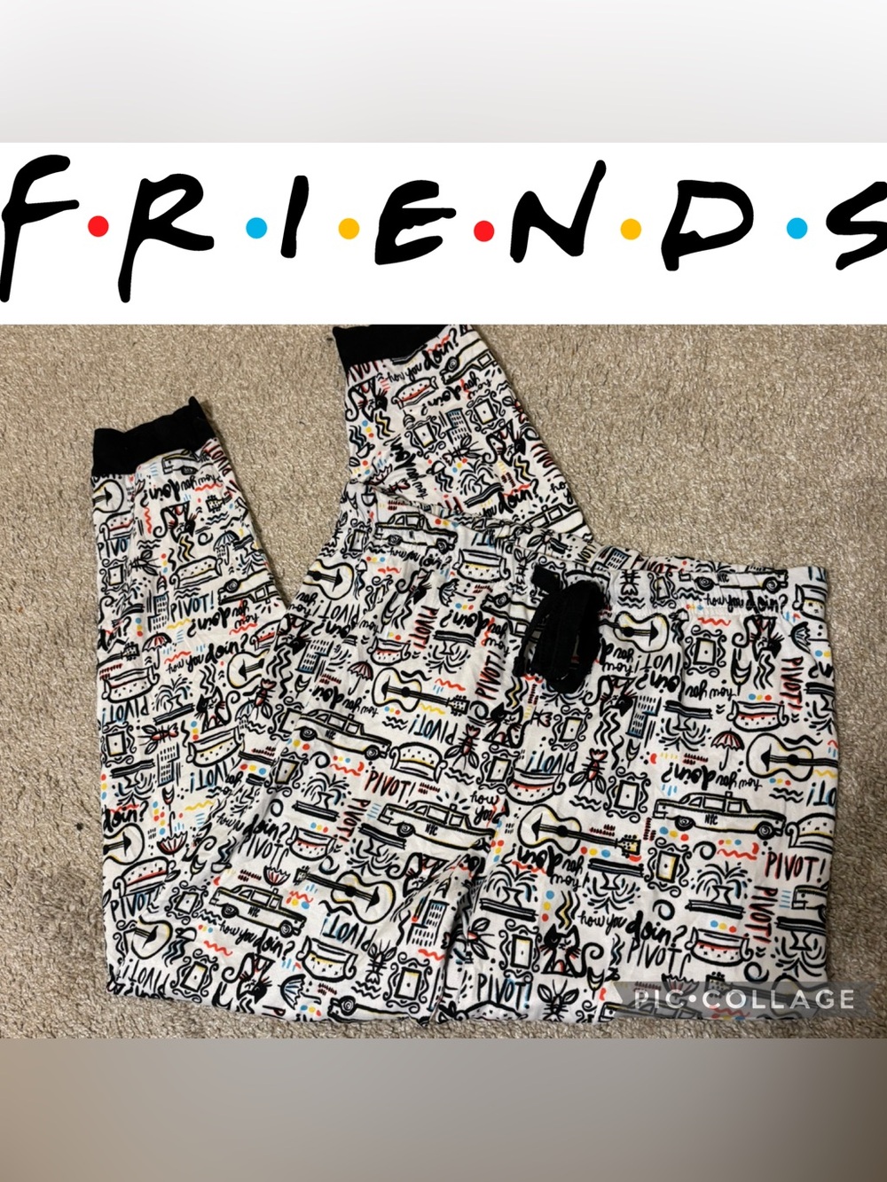 FRIENDS White Graphic Jogger Sweatpants with Multicolor Doodle Print